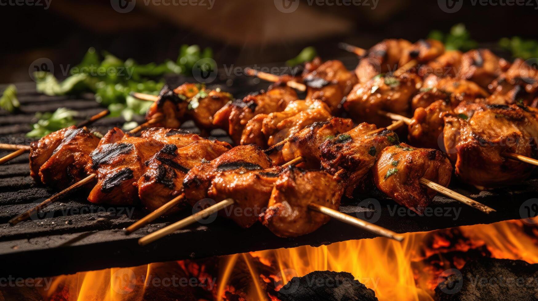 AI generated Chicken tikka roasting on an open hearth with glowing coals and smoke coming out. Closeup photo of chicken kabab on fire isolated on studio background.