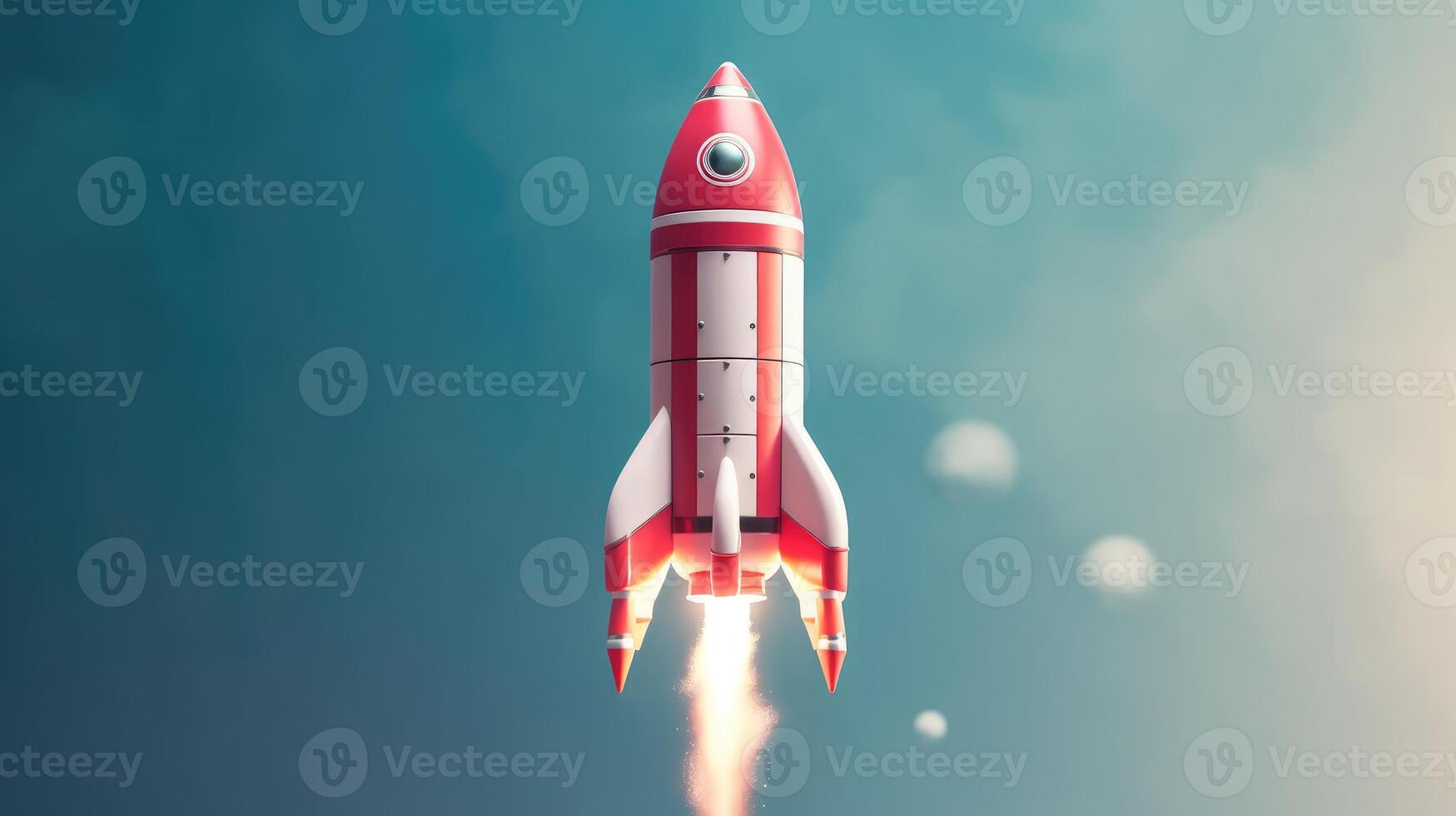AI generated Closeup view of red, white color missile rocket flying in the sky and moving on target. photo