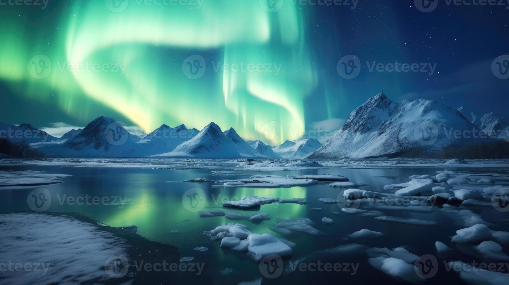 AI generated Northern Lights Majestic Aurora Borealis Over Icebergs, Snow Mountains, and Lakes in Polar Regions. photo