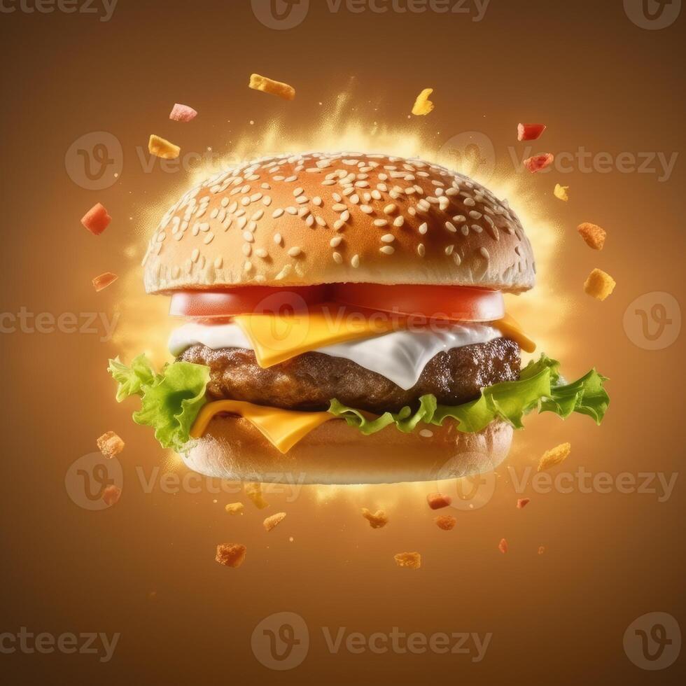 AI generated Falling classic fries chicken cheese burger with flying ingredients on a blurry motion background. Concept of food photography, social media post design, and ads.  Square format. photo