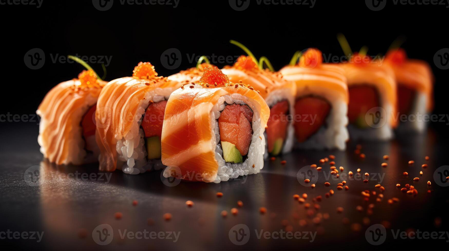 AI generated Traditional japanese sushi with salmon and rice isolated on dark food studio background. photo