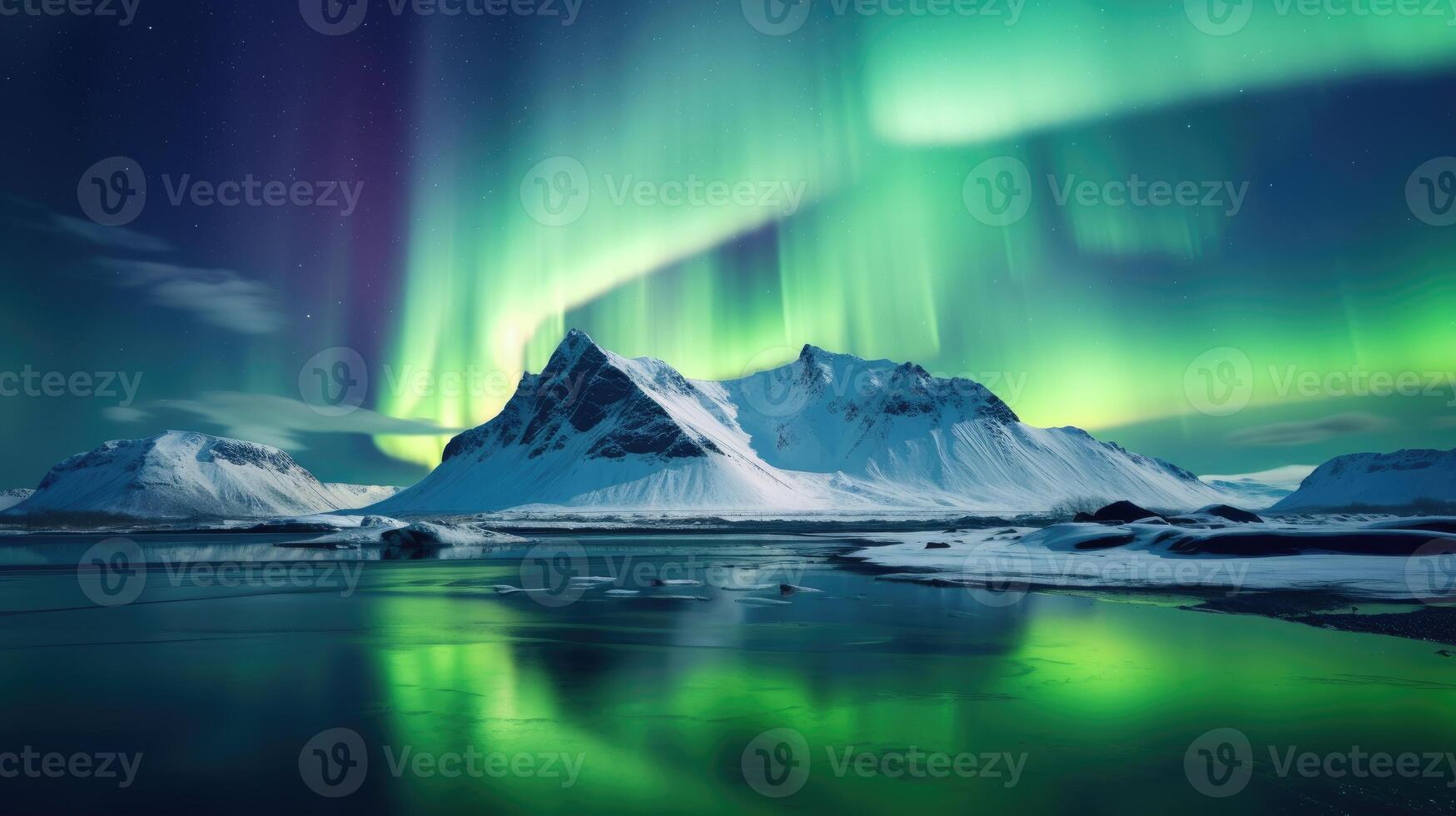 AI generated Northern Lights Majestic Aurora Borealis Over Icebergs, Snow Mountains, and Lakes in Polar Regions. photo