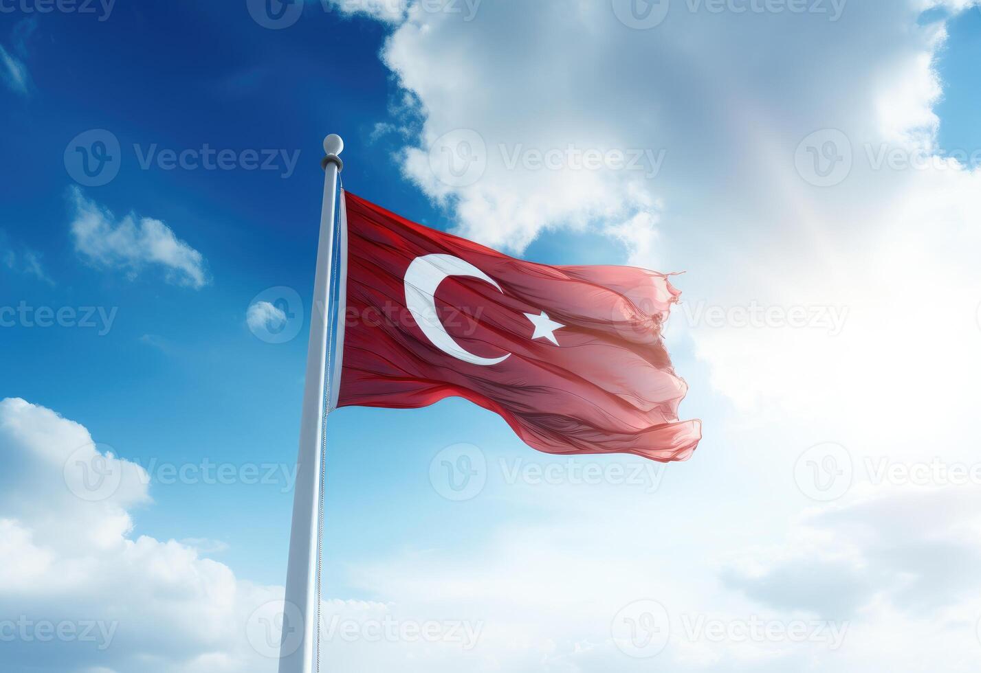 AI generated Waving Turkish flag against the background of the blue sky. photo