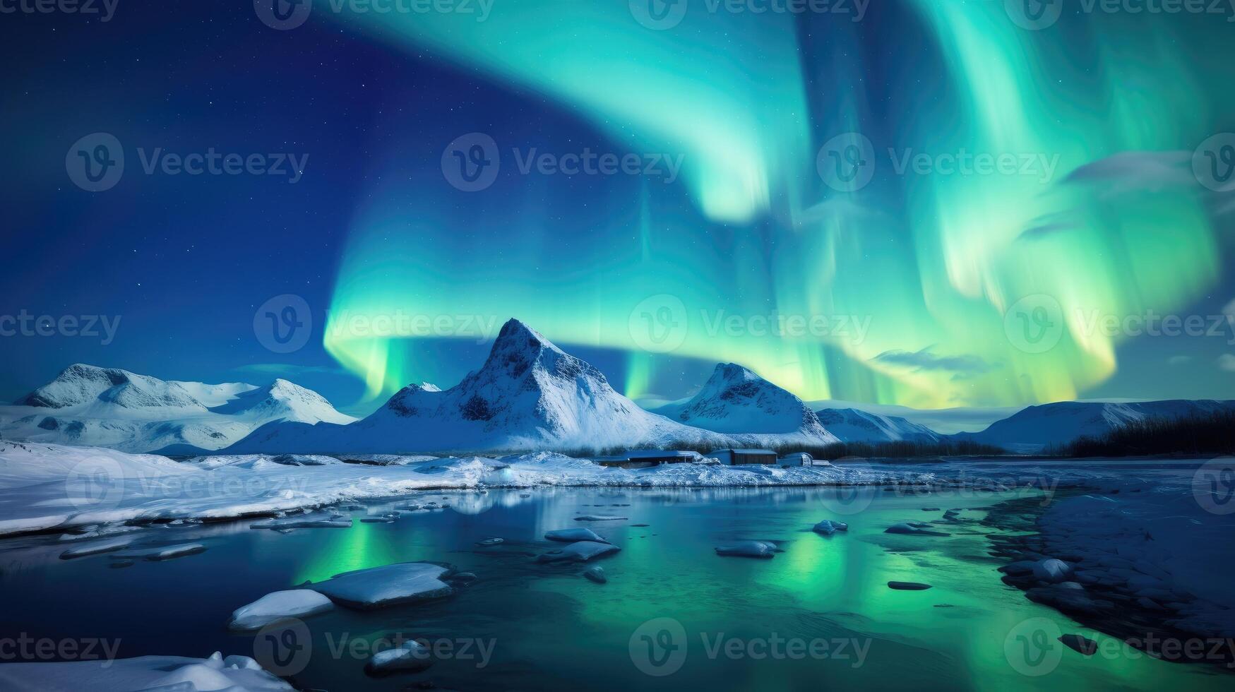 AI generated Northern Lights Majestic Aurora Borealis Over Icebergs, Snow Mountains, and Lakes in Polar Regions. photo