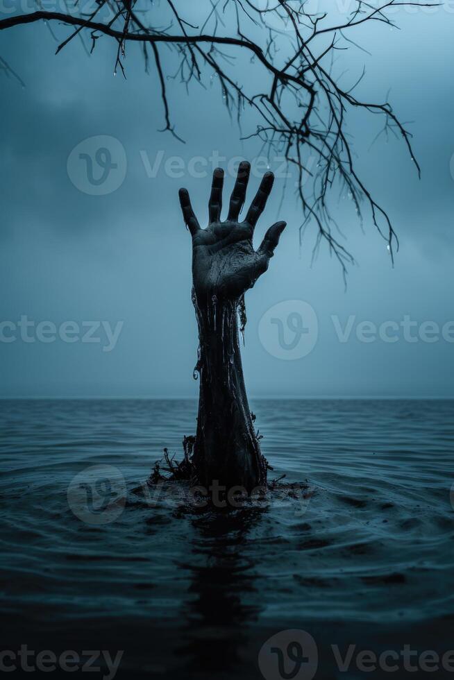 AI generated A man drowning and asking for help. A hand reaching out of the water is about to be submerged. photo