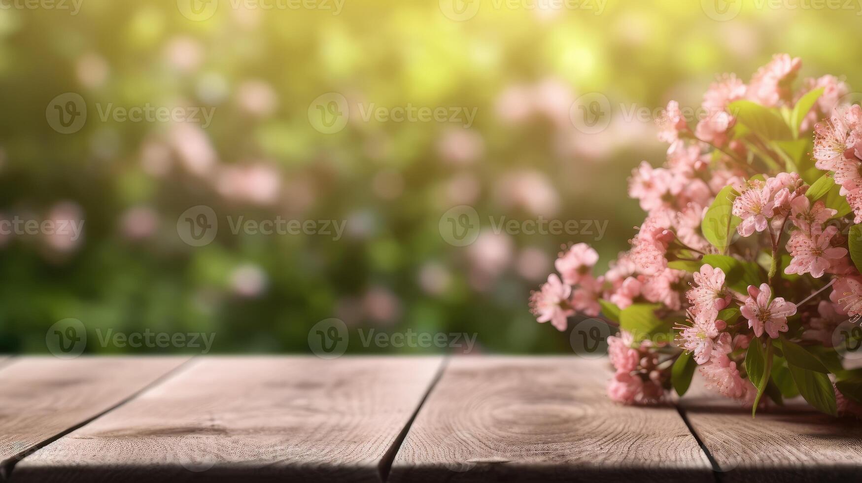 AI generated Empty wooden table top in flower Park with blur background of pink flowers. Template mock up for display of product. photo