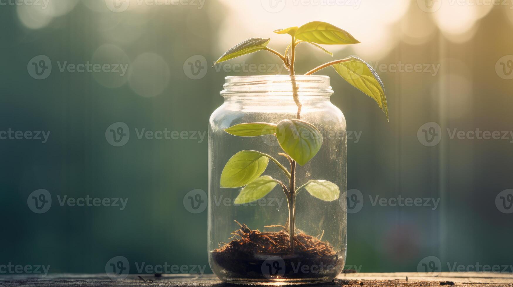 ai generado cerca arriba de un joven planta brotante desde el suelo en vaso frasco. foto