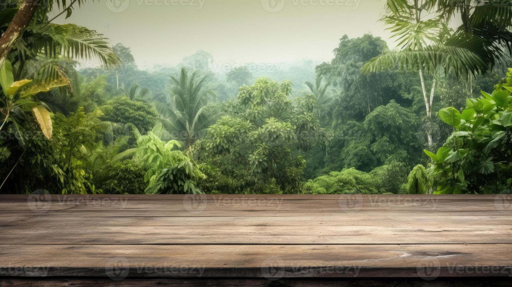 AI generated Empty wooden table top with background of nature. Template mock up for display of product. photo