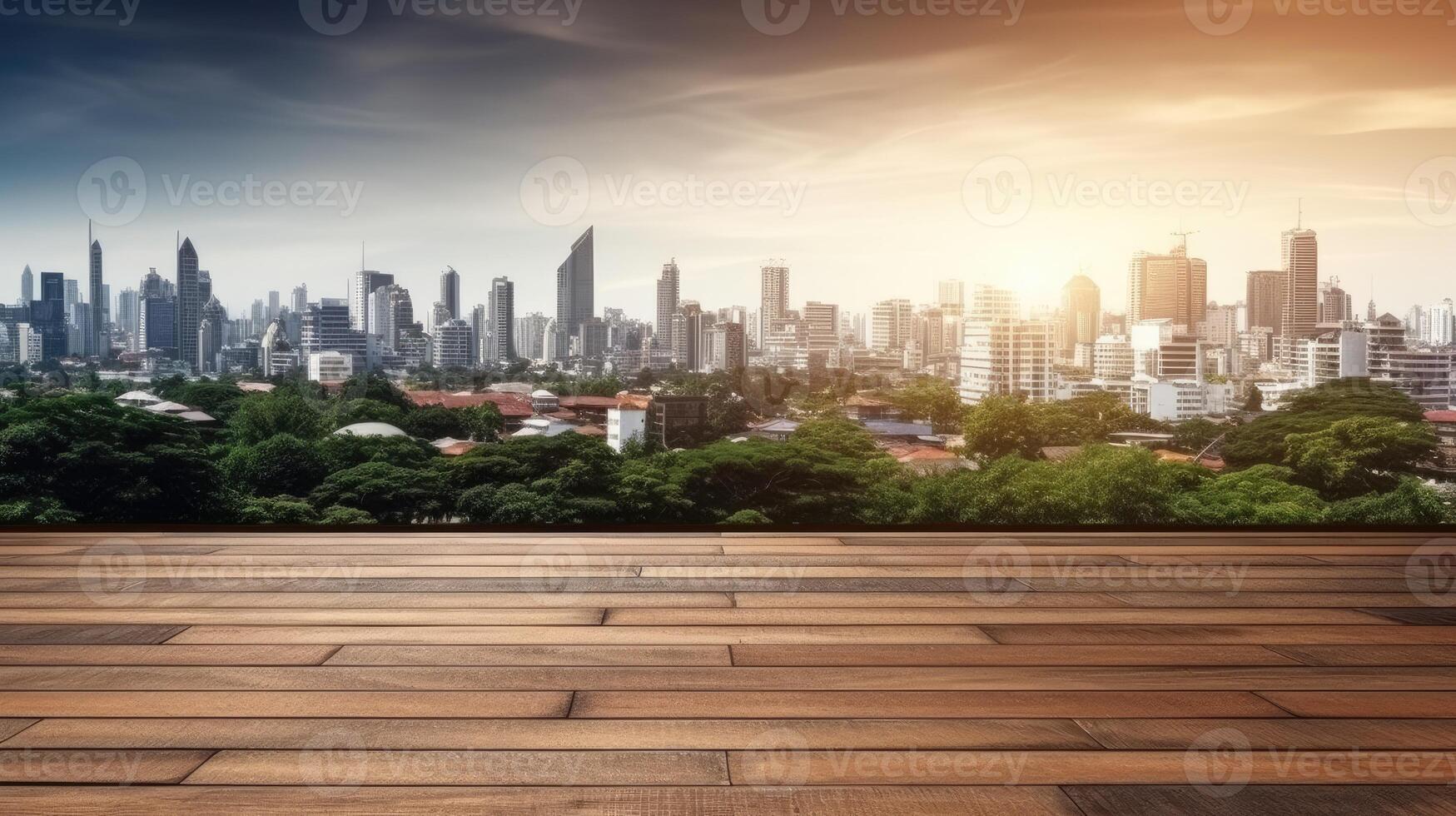 AI generated Empty wooden table top with blur background of downtown business district or city park skyline. Template mock up for display of product. photo
