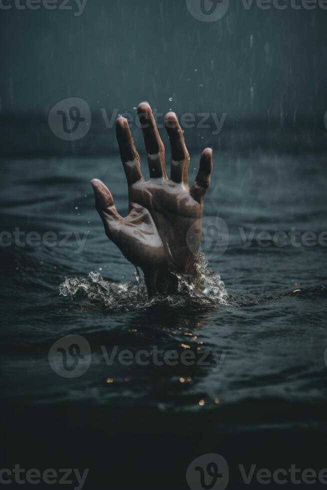 AI generated A man is drowning, his hand is sticking out of the water and gesturing for help. photo