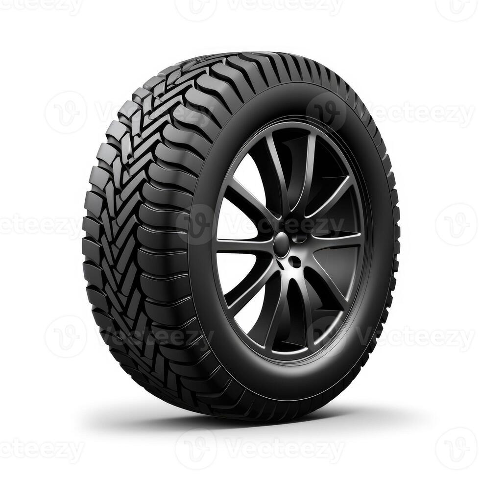 AI generated New car wheel isolated on white background. Front and side angle view of a racer car tire. photo