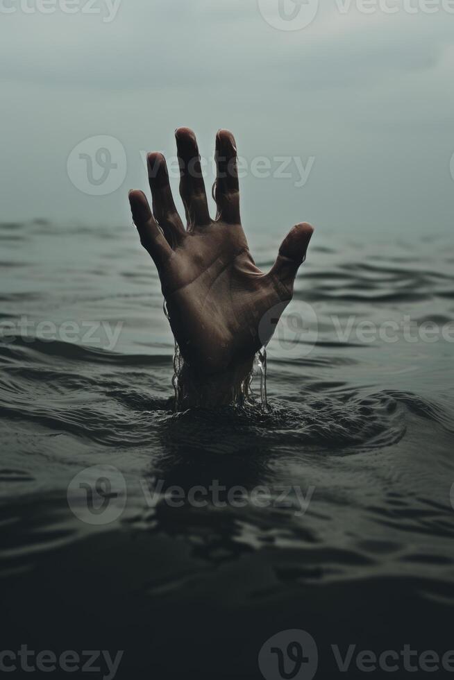 AI generated A man is drowning, his hand is sticking out of the water and gesturing for help. photo