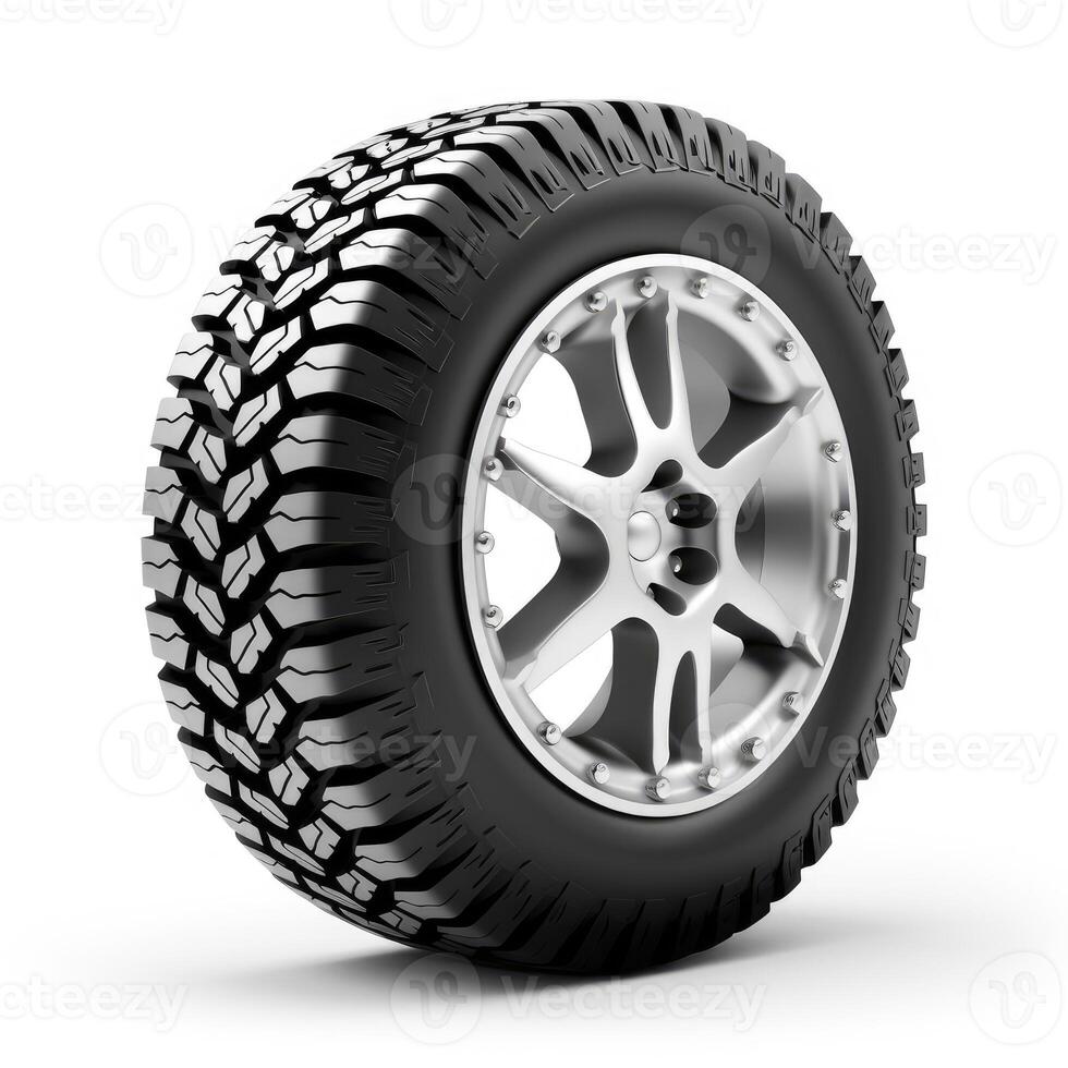 AI generated New car wheel isolated on white background. Front and side angle view of a racer car tire. photo