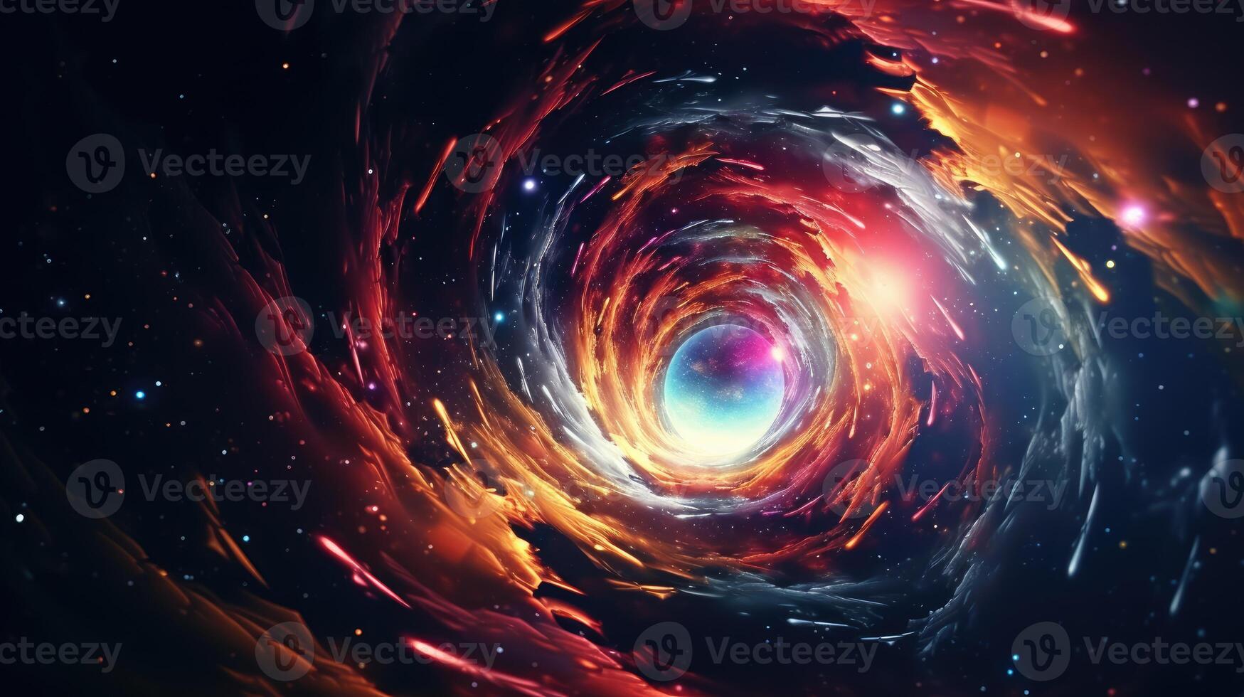 AI generated Colorful light whirls surreal space wormhole. photo