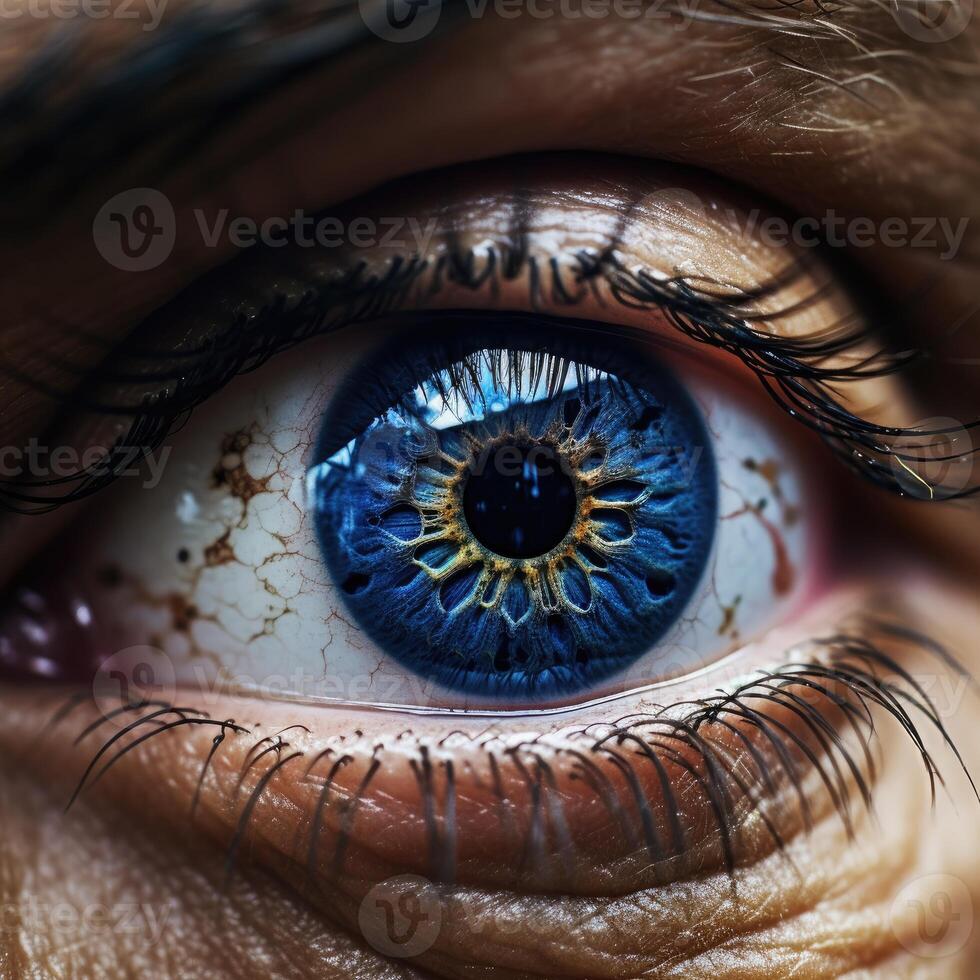 AI generated Closeup image of a blue unreal human eye. Macro shot photography. photo