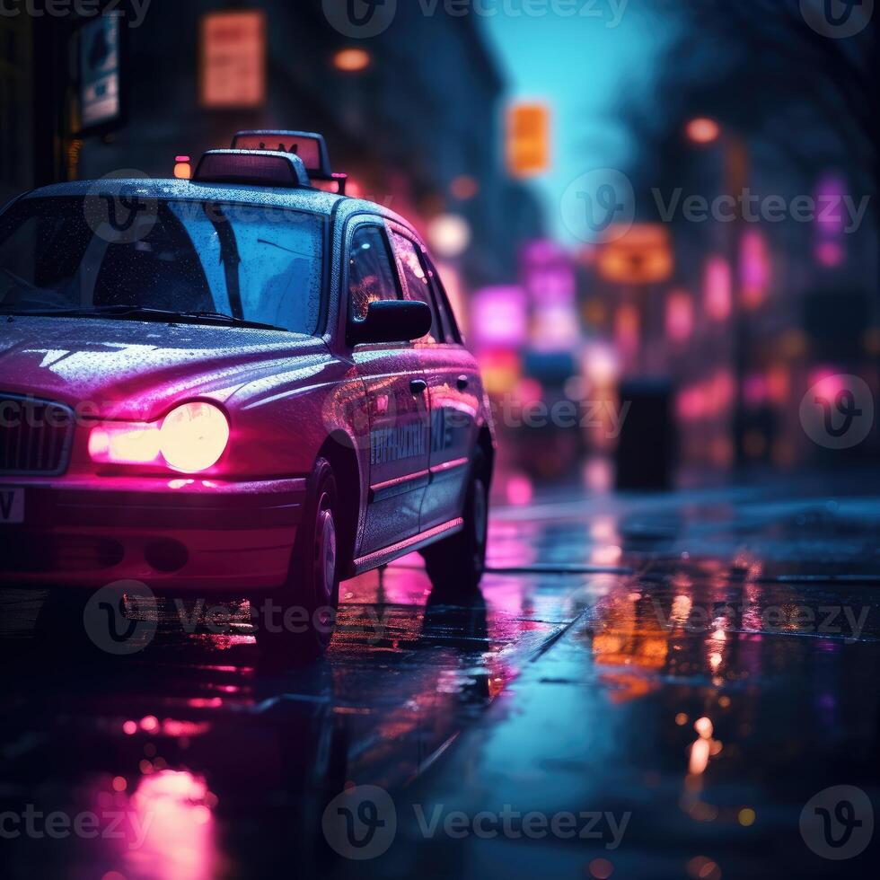 ai generado Taxi coche en un mojado calle la carretera en el ciudad a noche. hermosa noche neón púrpura Encendiendo con coche después pesado lluvia. profesional cinematográfico color estilo. foto