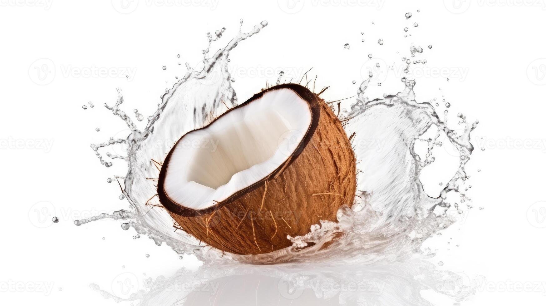 AI generated Fresh brown color half cut coconut fruit with water splashes, isolated on white background. photo