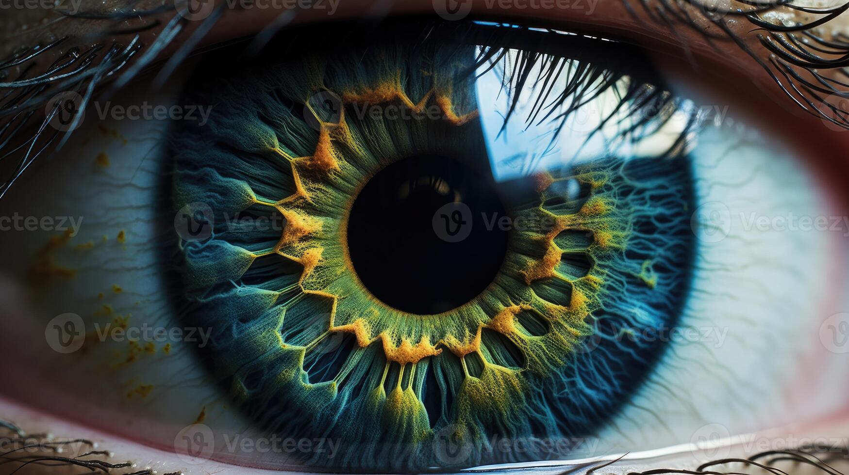 AI generated Extreme closeup image of a human eye. Macro photography with the concept of healthy vision, eye treatment education, and futuristic professional photo shoots.