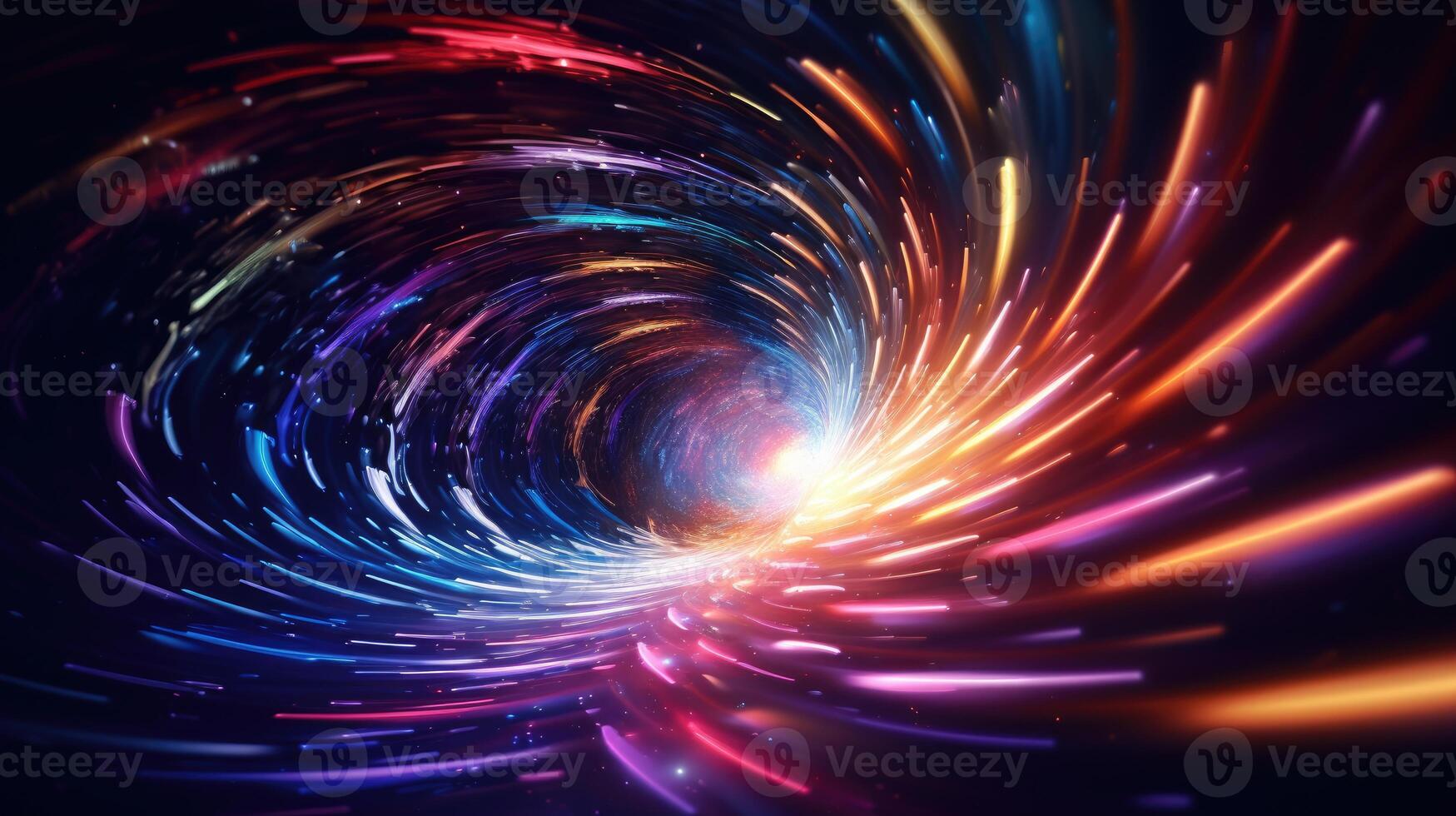 AI generated Colorful light whirls surreal space wormhole. photo