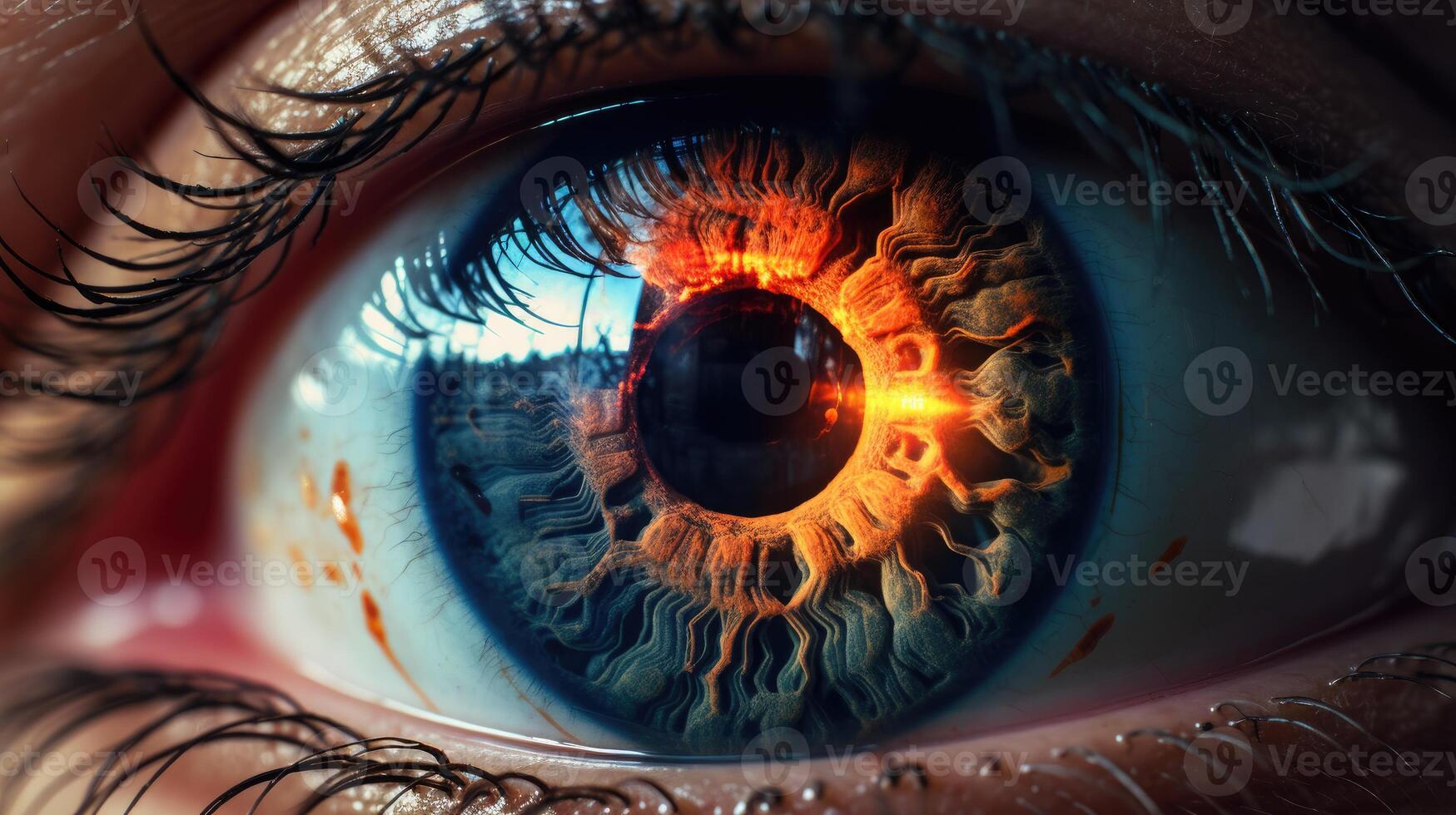 AI generated Extreme closeup image of a human eye. Macro photography with the concept of healthy vision, eye treatment education, and futuristic professional photo shoots.