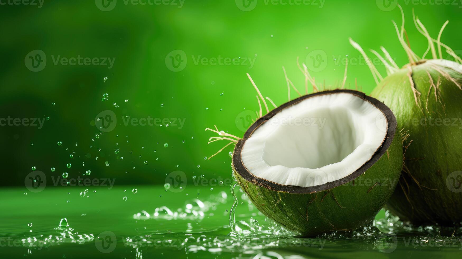 AI generated Fresh half-cracked coconut fall into water and make a beautiful water splash, isolated on light green background. photo