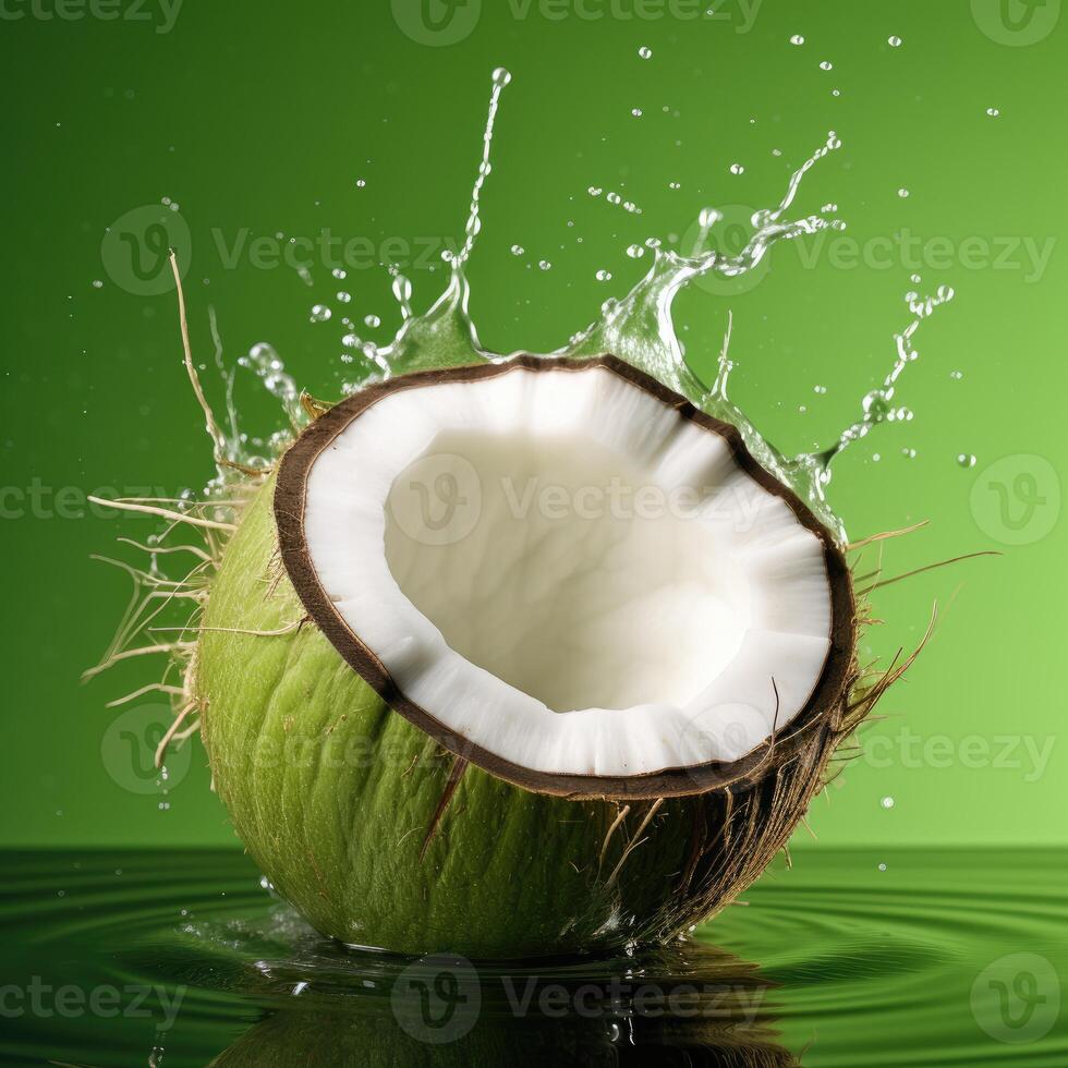 AI generated Fresh half-cracked coconut fall into water and make a beautiful water splash, isolated on light green background. photo