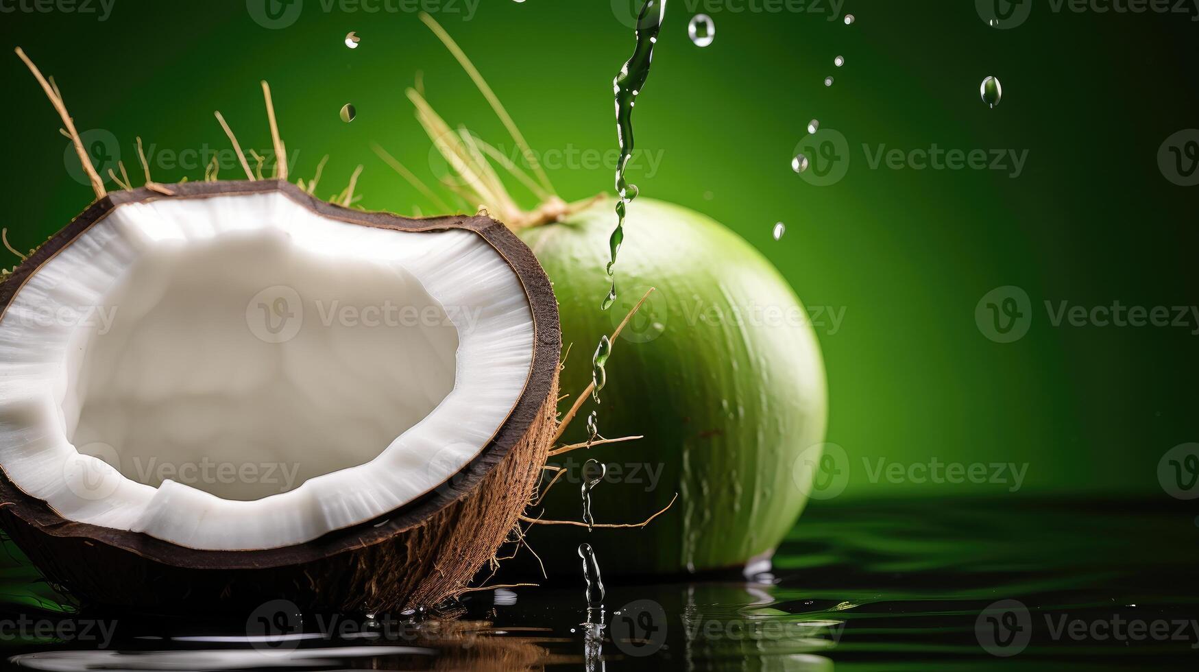 AI generated Fresh half-cracked coconut fall into water and make a beautiful water splash, isolated on light green background. photo