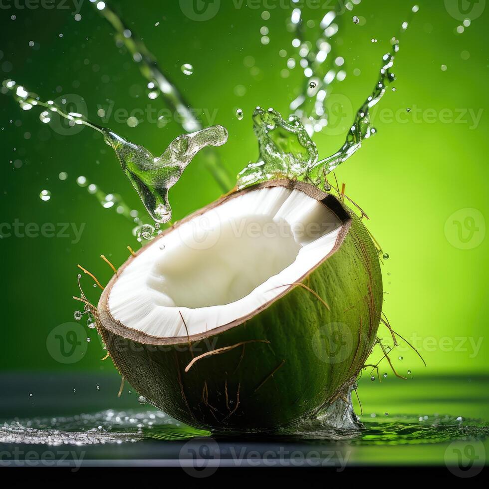 AI generated Fresh half-cracked coconut fall into water and make a beautiful water splash, isolated on light green background. photo