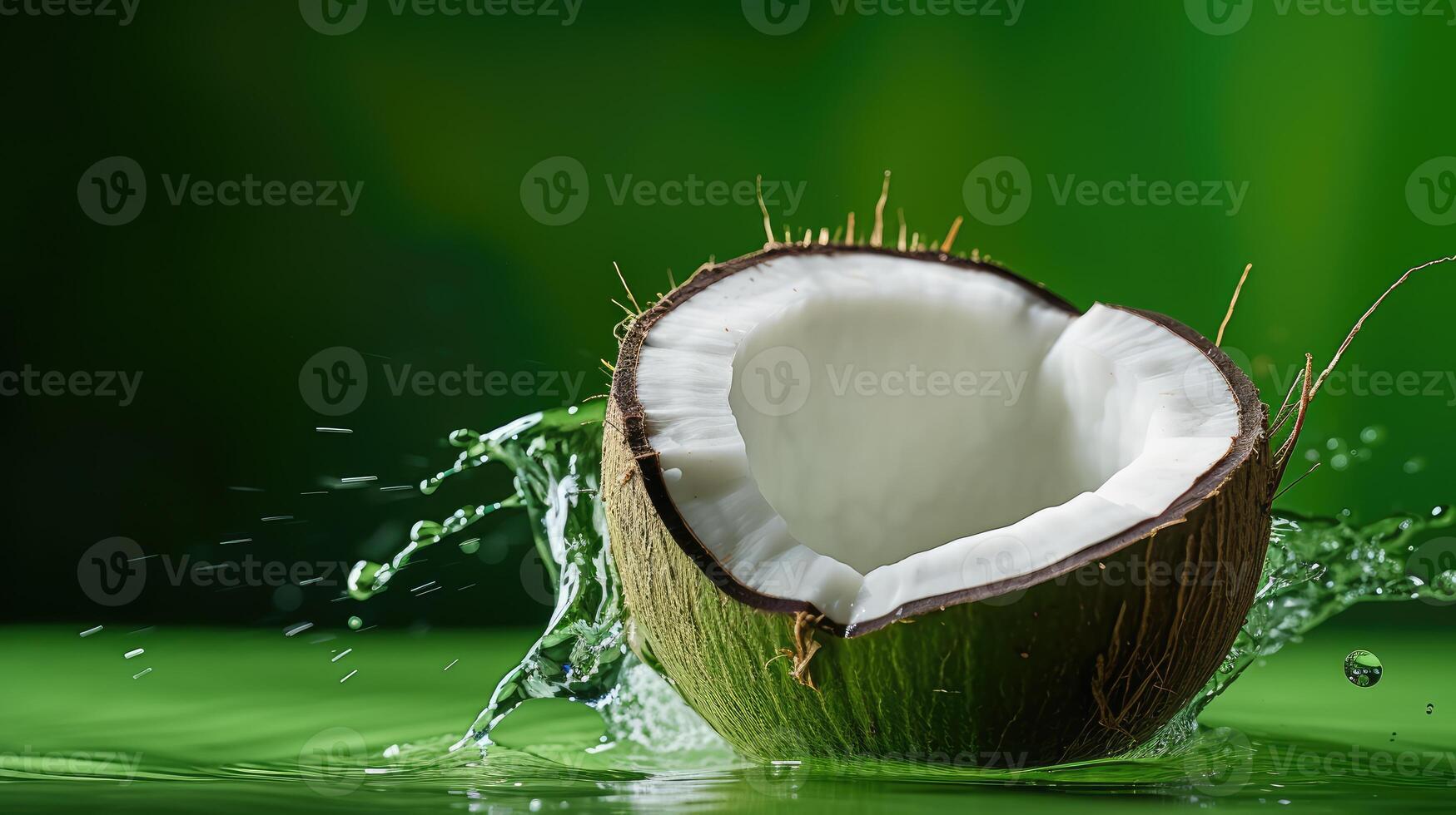 AI generated Fresh half-cracked coconut fall into water and make a beautiful water splash, isolated on light green background. photo