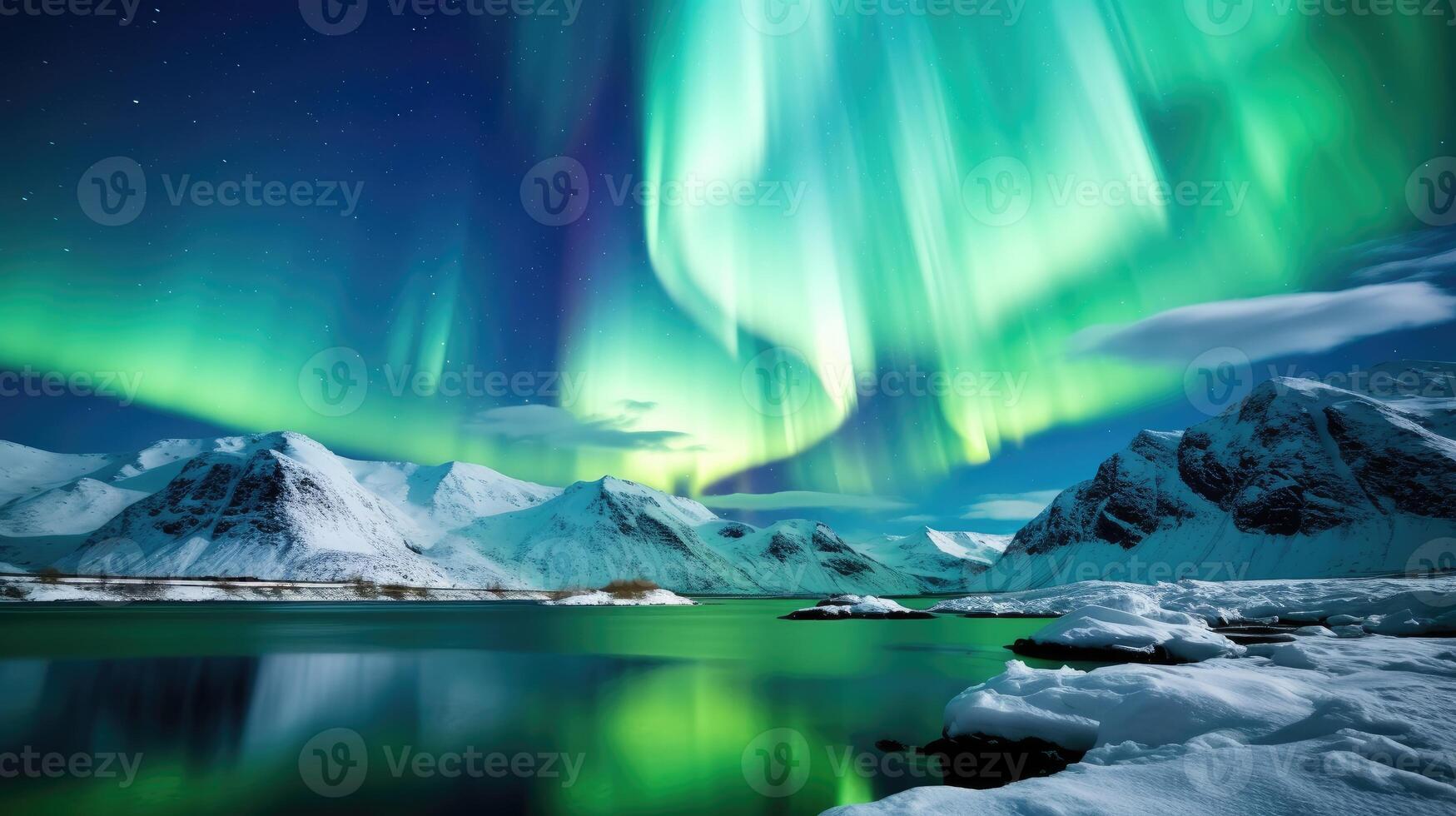 AI generated Northern Lights Majestic Aurora Borealis Over Icebergs, Snow Mountains, and Lakes in Polar Regions. photo