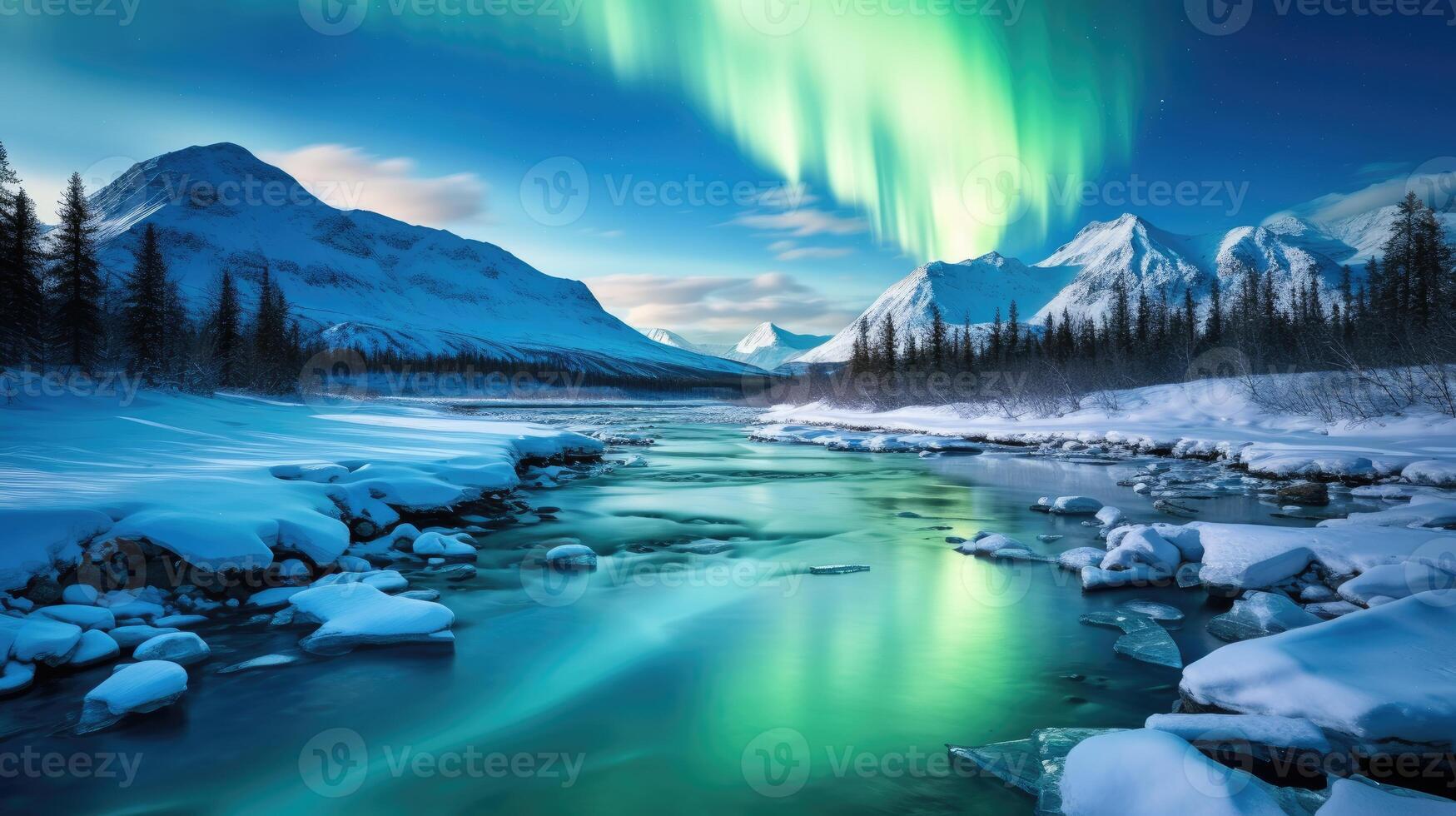 AI generated Northern Lights Majestic Aurora Borealis Over Icebergs, Snow Mountains, and Lakes in Polar Regions. photo