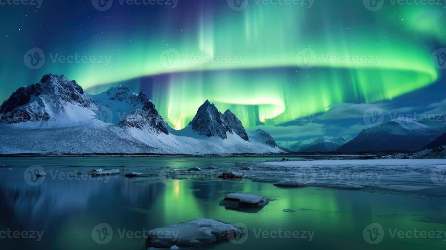 AI generated Northern Lights Majestic Aurora Borealis Over Icebergs, Snow Mountains, and Lakes in Polar Regions. photo