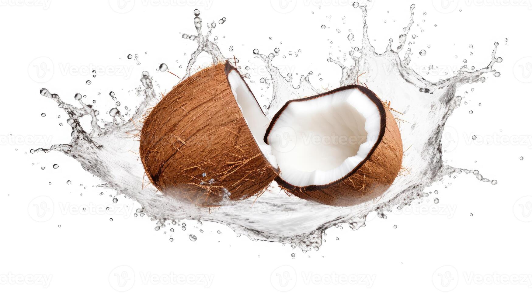 AI generated Fresh brown color half cut coconut fruit with water splashes, isolated on white background. photo