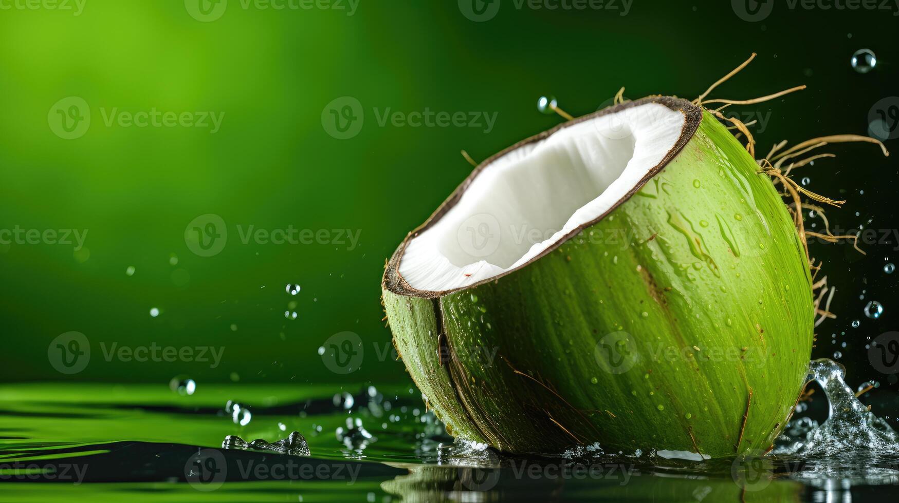 AI generated Fresh half-cracked coconut fall into water and make a beautiful water splash, isolated on light green background. photo