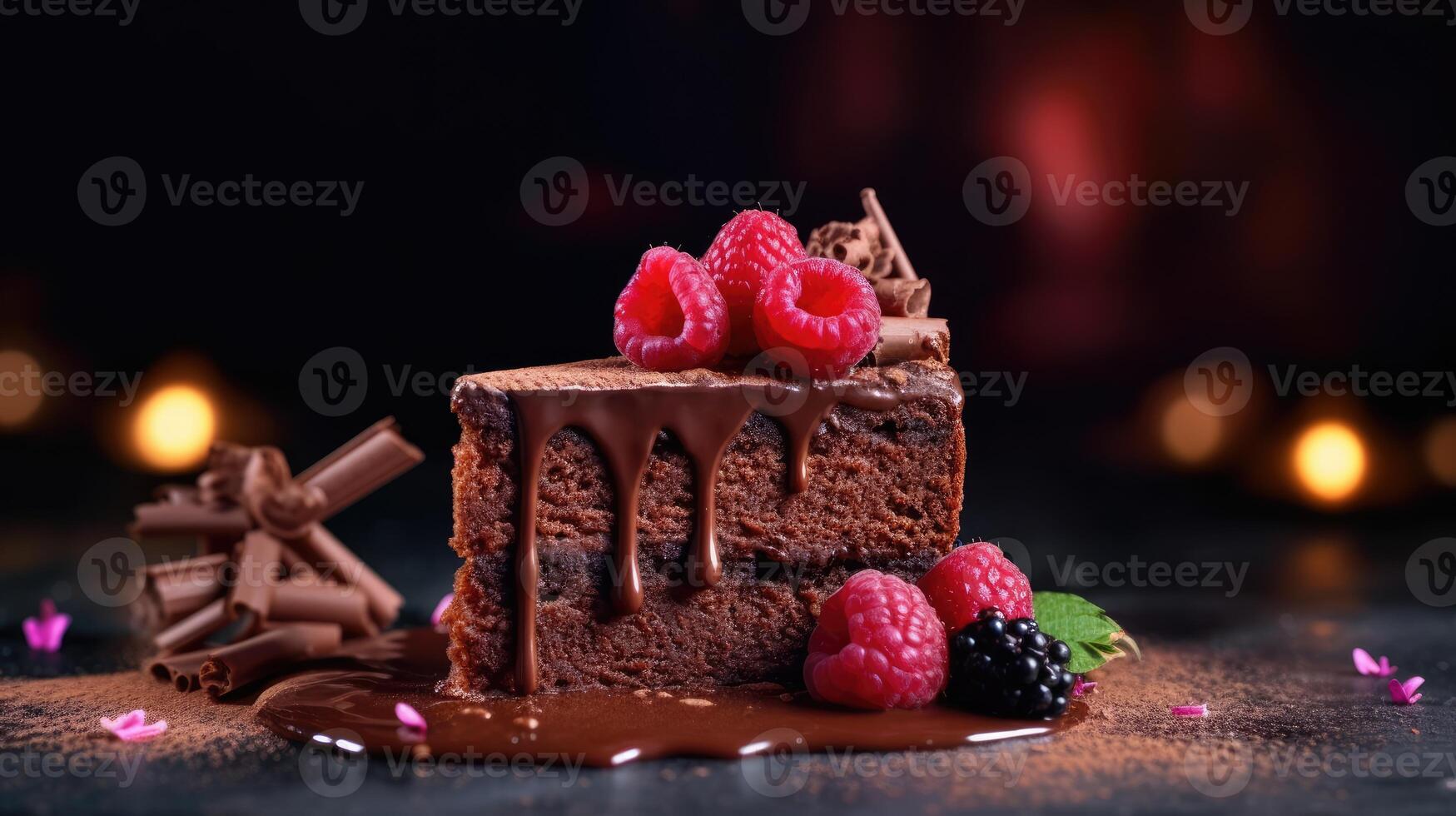 AI generated Closeup of a slice of tasty chocolate cake with berries decorated with melted cream isolated on a beautiful studio background with blurry candlelight. photo