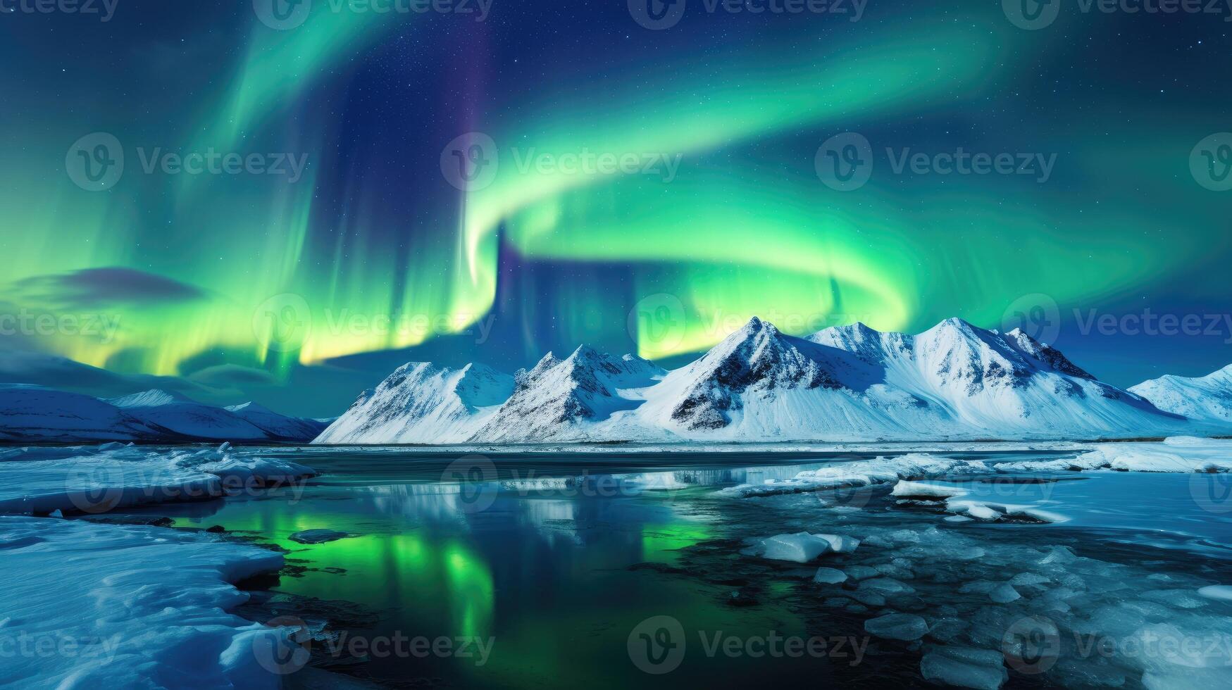 AI generated Northern Lights Majestic Aurora Borealis Over Icebergs, Snow Mountains, and Lakes in Polar Regions. photo