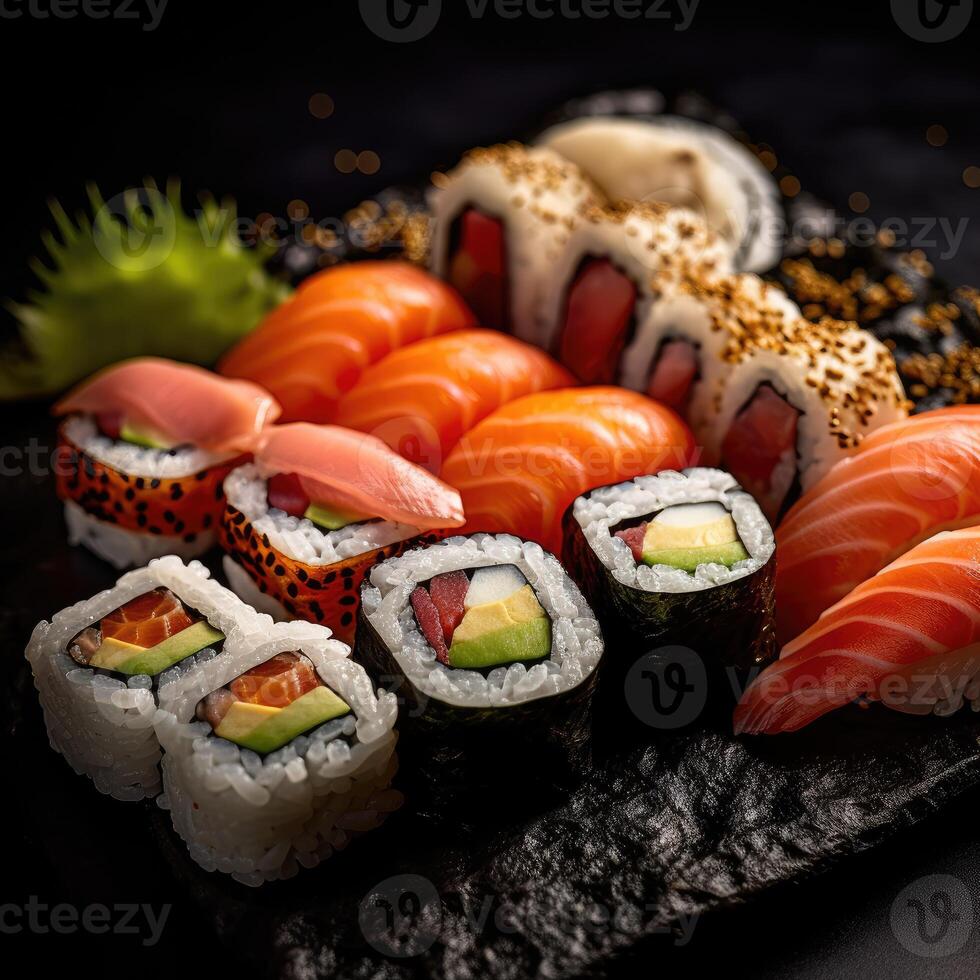 AI generated Various kinds of traditional classic Japanese sushi, maki, nigiri sushi rolls served isolated on dark studio background. photo