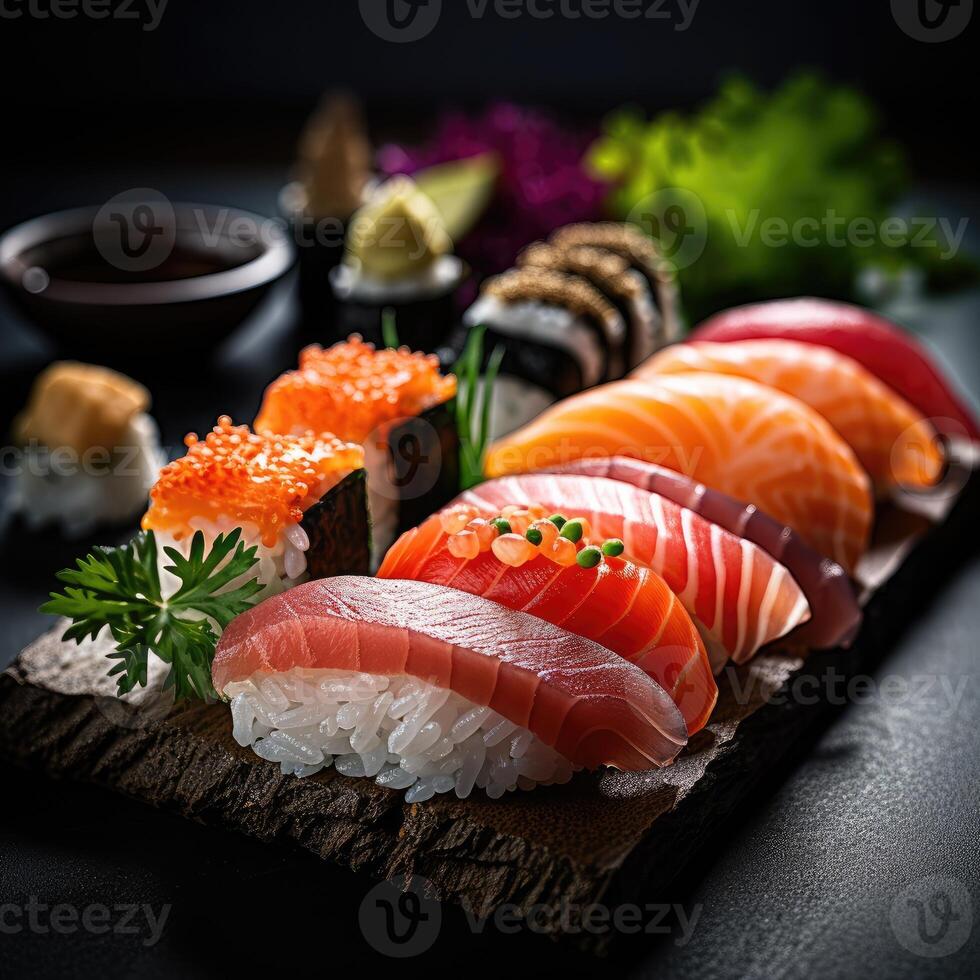 AI generated Various kinds of traditional Japanese sushi, maki served on black stone isolated on dark background. photo