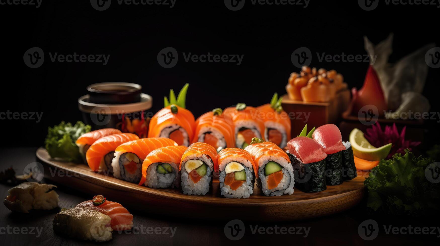 AI generated Various kinds of traditional classic Japanese sushi, maki, nigiri sushi rolls served isolated on dark studio background. photo