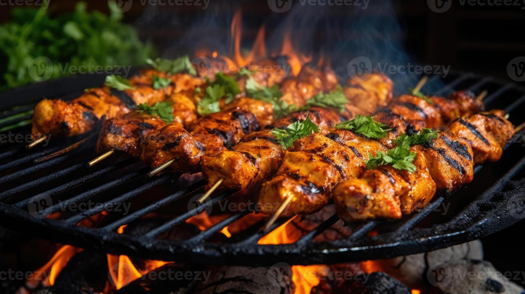 AI generated Chicken tikka kabab on charcoal flame grill. Professional closeup photography, studio shot background. photo