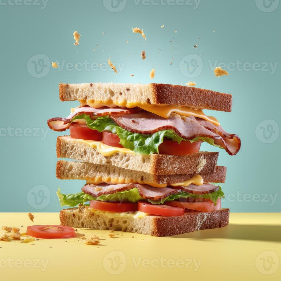 AI generated Delicious double sandwich with tomatoes, cheese slices, meat and fresh lettuce isolated on colorful background. Closeup studio shot photography, Side view. photo