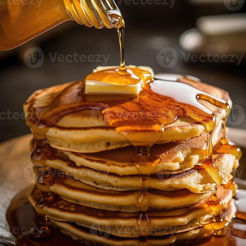 AI generated Pouring the maple syrup over the big stack of pancakes from the syrup bottle. Closeup of delicious pancake with butter, food photography isolated on blurred background. photo