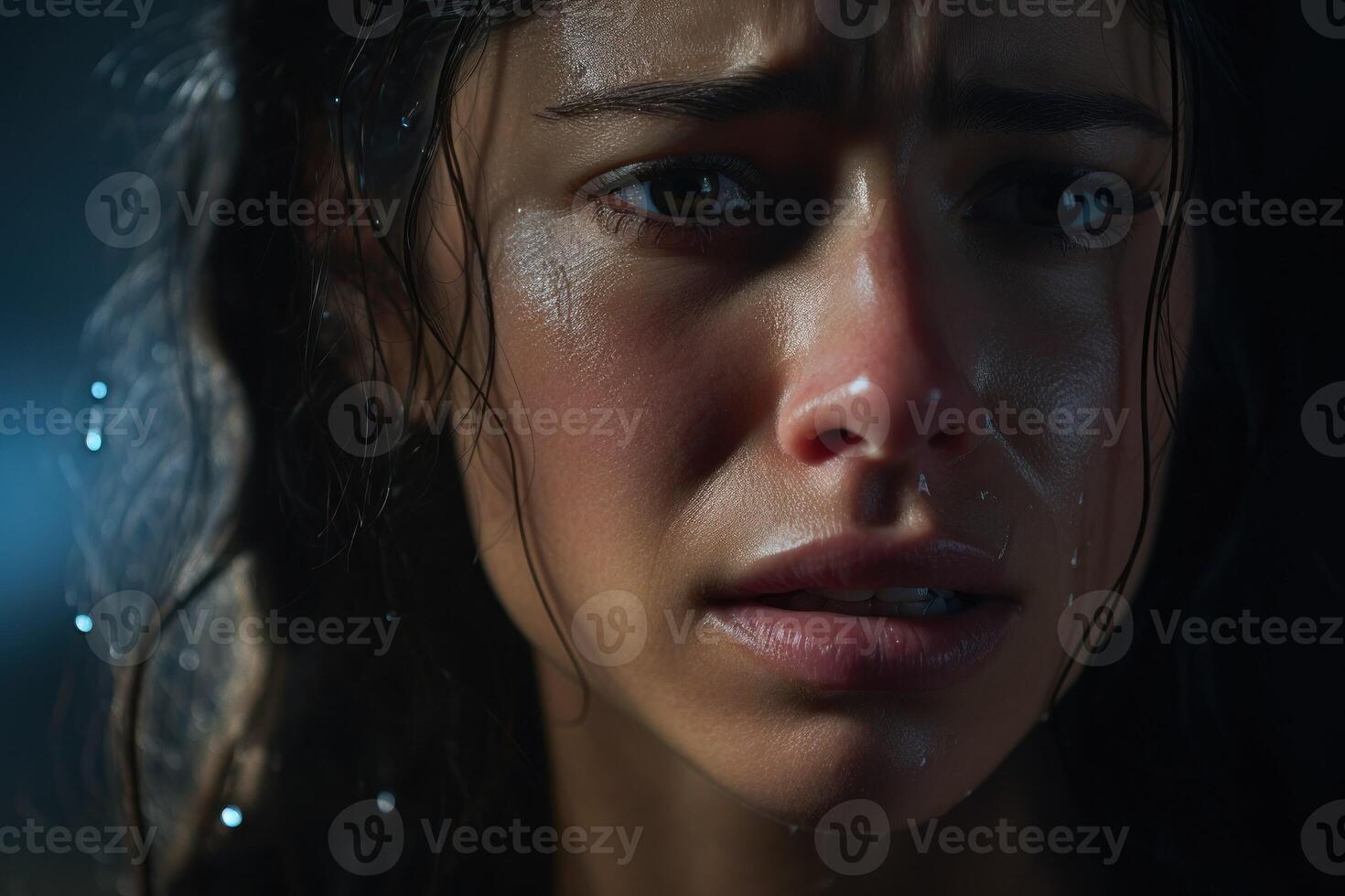 AI generated a woman with wet hair looks sad in the dark photo