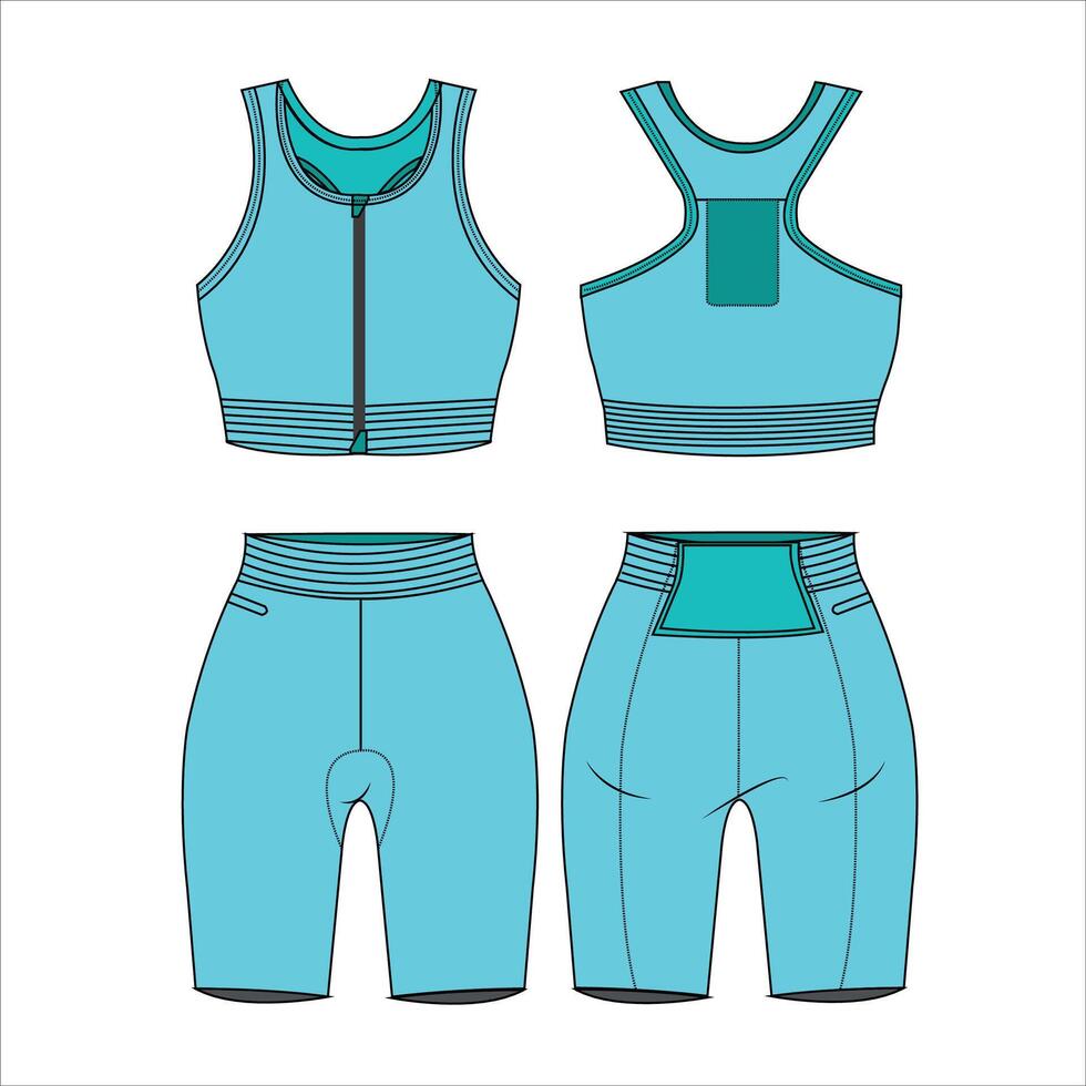 activo vestir diseño plano bosquejo Moda ilustración adecuado para muchachas y señoras. dos pedazo nadar, yoga, gimnasia, corriendo y Deportes equipo vector