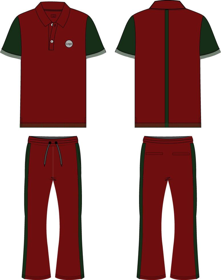 Tracksuit Red color Short sleeve polo shirt and trousers vector illustration template front and back views