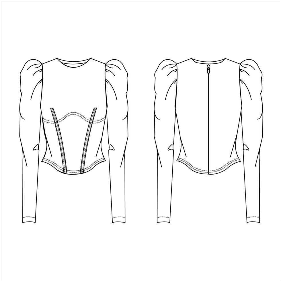plano técnico dibujo modelo corsé blusa con globo largo mangas vector