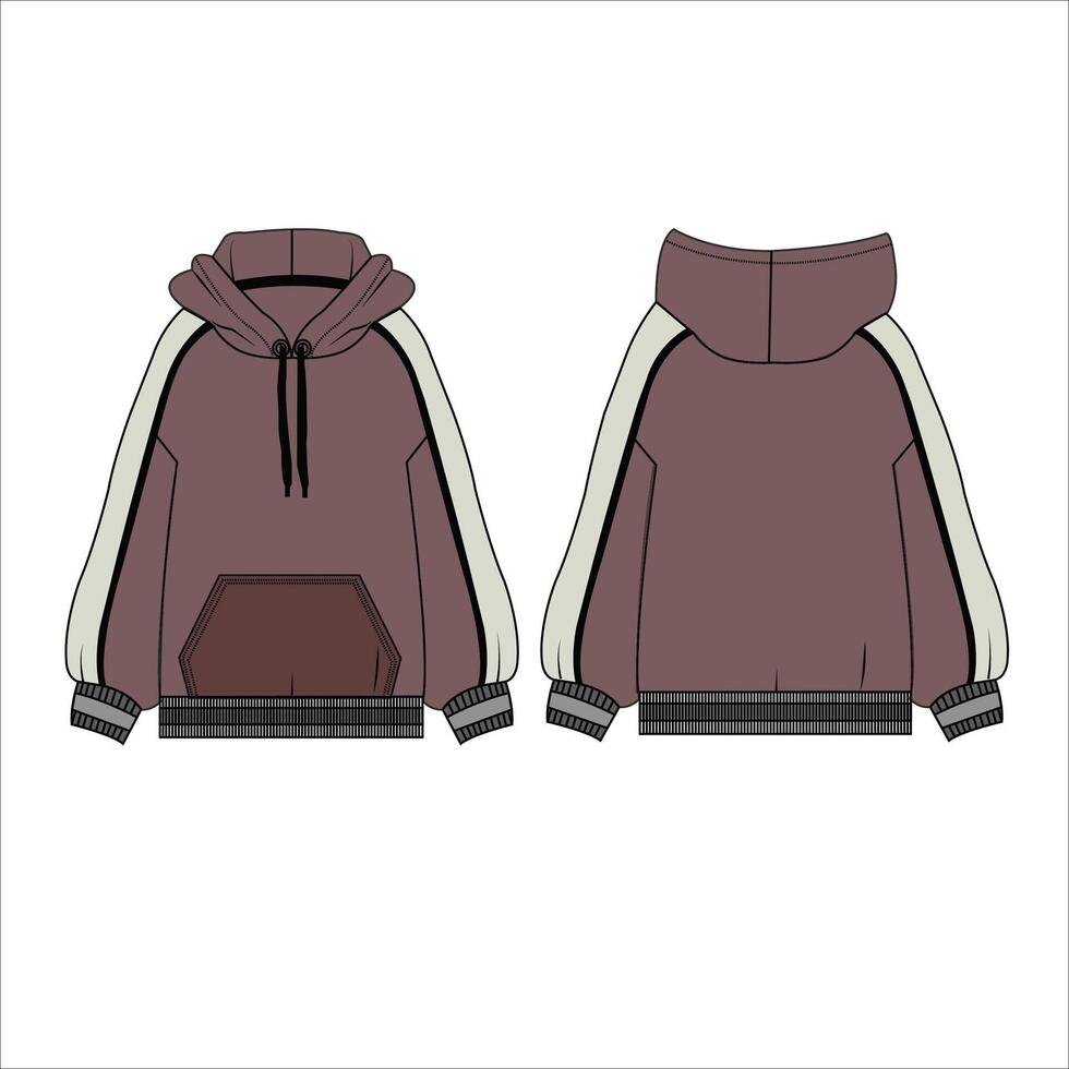 Long Sleeve Hoodie Fashion overall Technical sketch template front and back view. Men's sweatshirt vector illustration template
