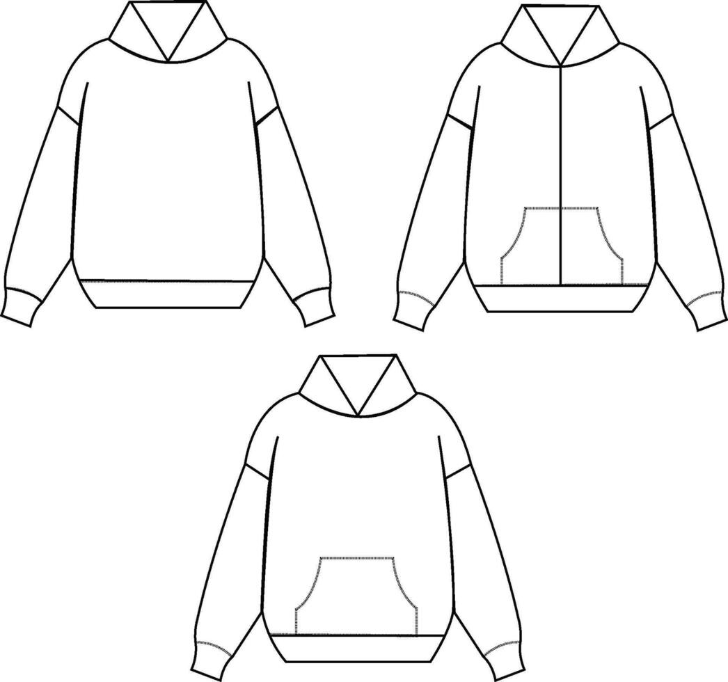 Long Sleeve Hoodie Fashion overall Technical sketch template front and back view. Men's sweatshirt vector illustration template