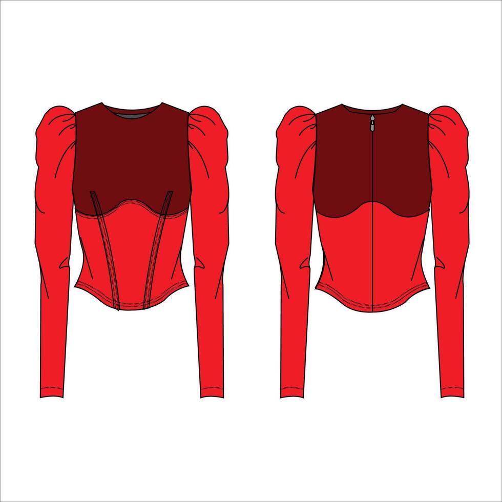 Flat technical drawing template corset blouse with balloon Long sleeves vector