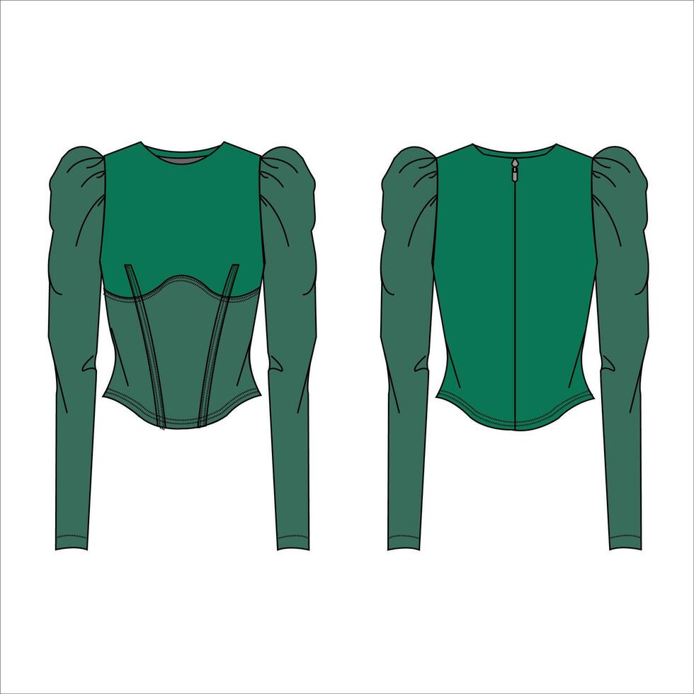 Flat technical drawing template corset blouse with balloon Long sleeves vector
